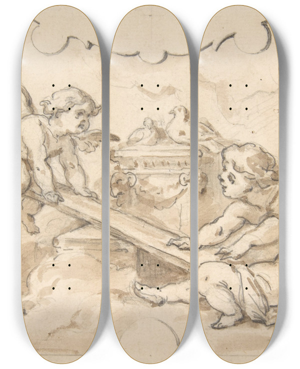 Triptych art skateboard deck of Julesedmondcharles Lachaise Putti At Play_1 by Jules-Edmond-Charles Lachaise (1897)