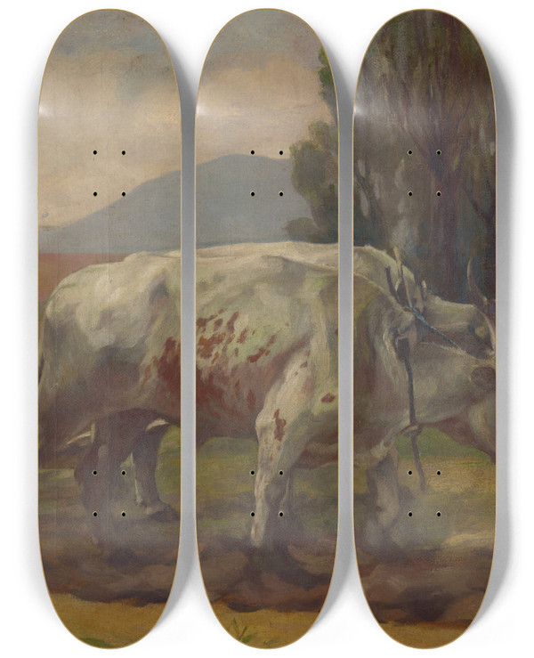 Triptych art skateboard deck of Jozef Hanula Ploughing by Jozef Hanula (1863-1944)