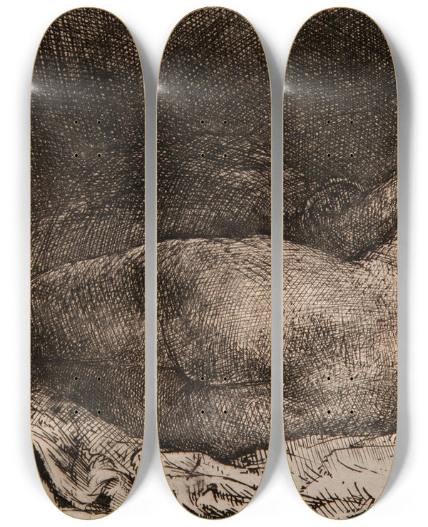 Triptych art skateboard deck of Rembrandt Van Rijn Reclining Female Nude by Rembrandt Van Rijn (1606-1669)