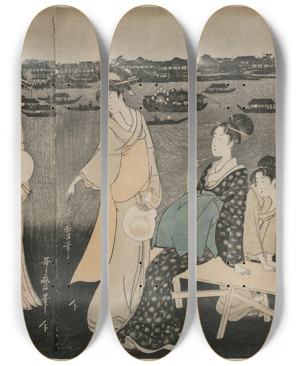 Triptych art skateboard deck of Kitagawa Utamaro Enjoying The Evening Cool Along The Sumida River by Kitagawa Utamaro (1753-1806)