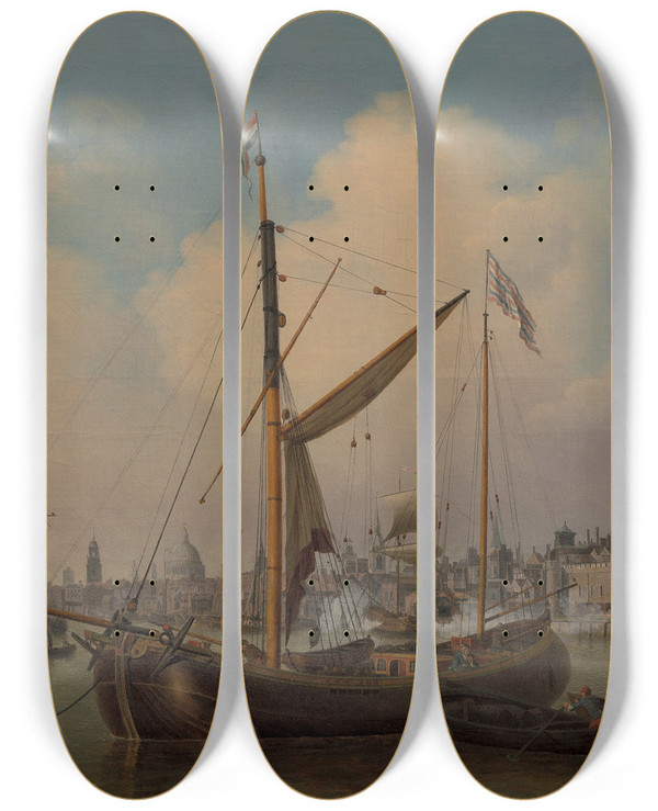 Triptych art skateboard deck of Samuel Scott A View Of The Tower Of London Supposed On His Majestys Birthday by Samuel Scott (1697-1772)