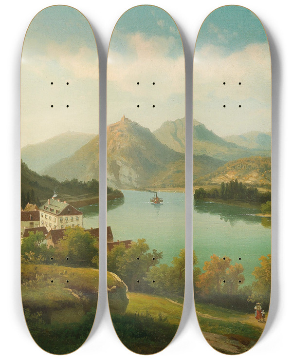 Triptych art skateboard deck of Heinrich Eduard Heyn Town On The Rhine Ii by Heinrich Eduard Heyn (1856-1932)