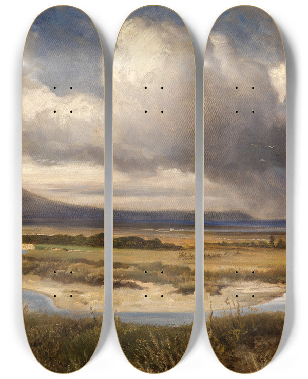 Triptych art skateboard deck of Edmund Kanoldt Blick Auf Den Campo Dannibale Bei Cannae by Edmund Kanoldt (1845-1904)