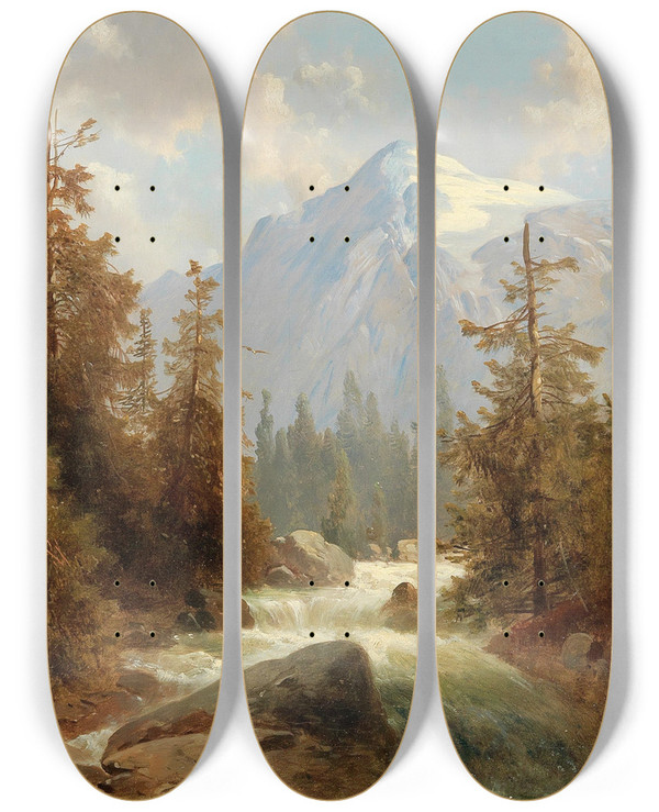 Triptych art skateboard deck of Josef Thoma Scene Of The Engadine by Josef Thoma (1828-1899)