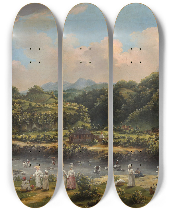 Triptych art skateboard deck of Agostino Brunias View On The River Roseau Dominica by Agostino Brunias (1730-1796)