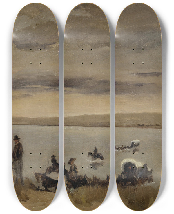Triptych art skateboard deck of Frank Buchser Passage At The Platte River by Frank Buchser (1828-1890)