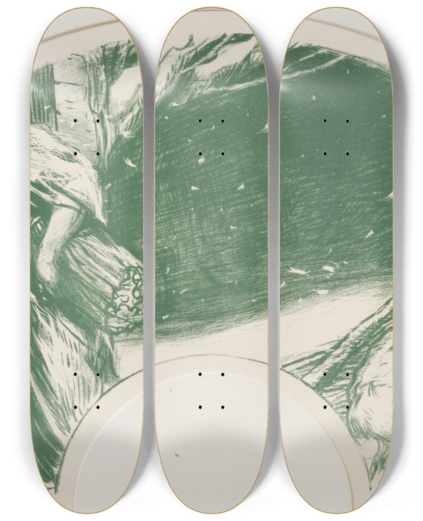 Triptych art skateboard deck of Charles Haslewood Shannon The Snow Winter by Charles Haslewood Shannon (1863-1937)