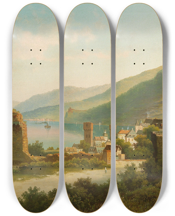 Triptych art skateboard deck of Heinrich Eduard Heyn Town On The Rhine by Heinrich Eduard Heyn (1856-1932)