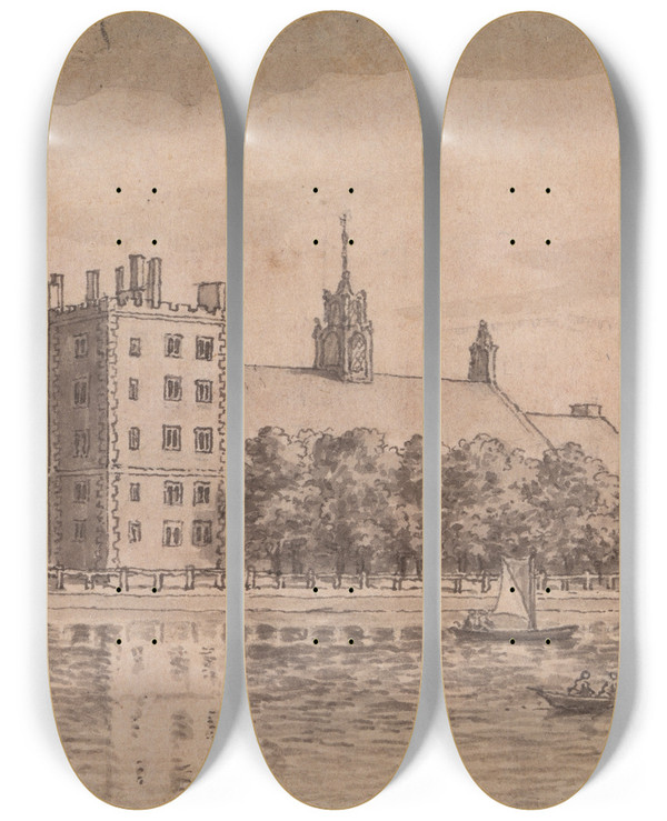 Triptych art skateboard deck of Samuel Wale Lambeth Palace by Samuel Wale (1721-1786)