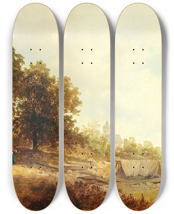 Triptych art skateboard deck of Josef Thoma Blick Auf Frauenchiemsee by Josef Thoma (1828-1899)