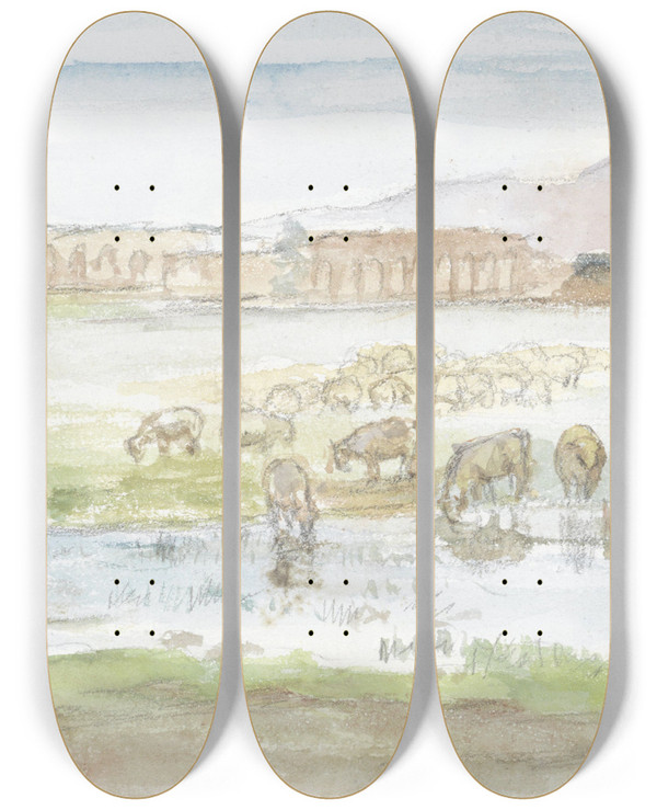 Triptych art skateboard deck of Jozef Israls Vlakte Met Schapen Op De Achtergrond Runes Van Een Aquaduct by Jozef Israels (1824-1911)