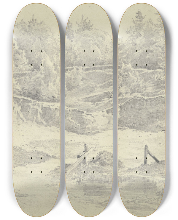 Triptych art skateboard deck of Fritz Bamberger Sandgrube Am Waldausgang Bei Starnberg by Fritz Bamberger (1814-1873)