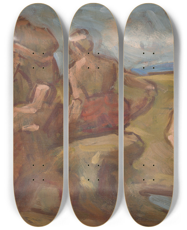 Triptych art skateboard deck of Milan Thomka Mitrovsk Sketch Of Composition With Bathing People by Milan Thomka Mitrovsky (1875-1943)