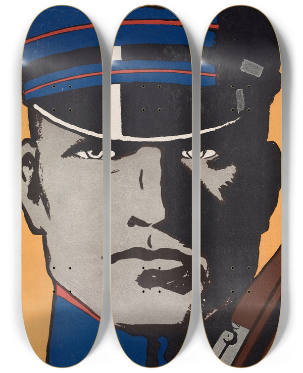 Triptych art skateboard deck of Charles Buckles Falls Join Me The First To Fight On Land And Sea Us Marines by Charles Buckles Falls (1874-1974)