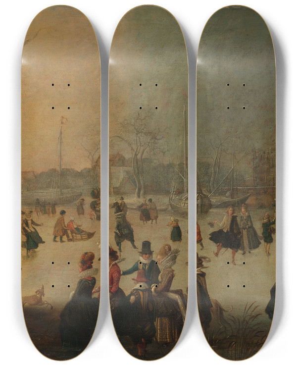 Triptych art skateboard deck of Adam Van Breen Landscape With Frozen Canal Skaters And An Iceboat by Adam Van Breen (1585-1642)