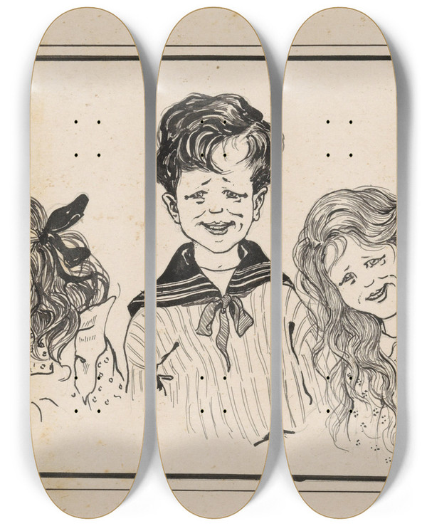 Triptych art skateboard deck of Nelly Spoor Vier Lachende Jongens En Meisjes by Nelly Spoor (1885-1950)