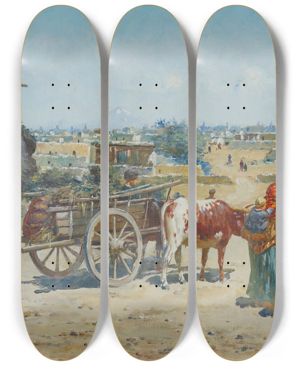 Triptych art skateboard deck of Richard Karlovich Zommer Oriental Landscape by Richard Karlovich Zommer (1866-1939)