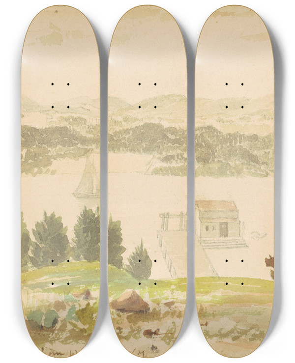 Triptych art skateboard deck of Seth Eastman Constitution Island And Foundry From West Point New York by Seth Eastman (1808-1875)
