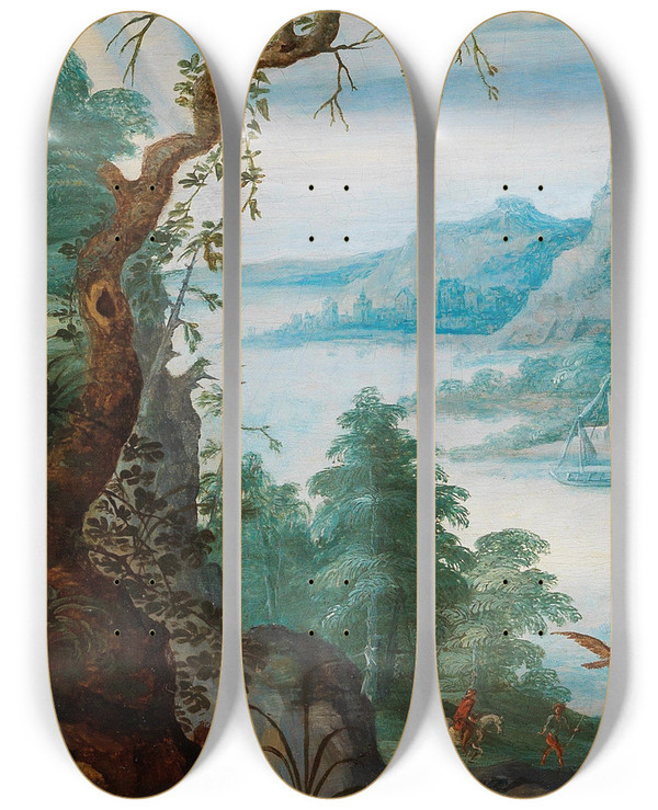 Triptych art skateboard deck of Marten Ryckaert A Mountainous Landscape With Huntsmen by Marten Ryckaert (1587-1631)