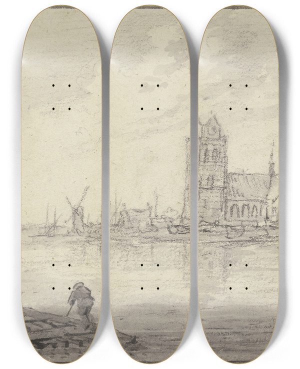 Triptych art skateboard deck of Aelbert Cuyp Rafters Off Dordrecht by Aelbert Cuyp (1620-1691)