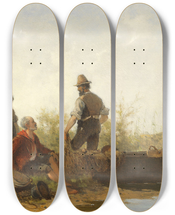 Triptych art skateboard deck of Julius Noerr Chiemseefischer Bei Der Rast by Julius Noerr (1827-1897)