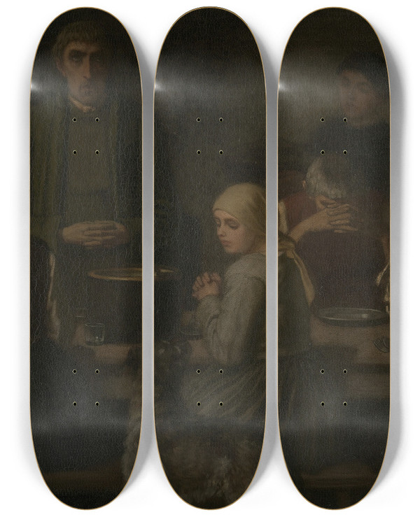 Triptych art skateboard deck of Charles De Groux Prayer For The Food by Charles de Groux (1825-1870)