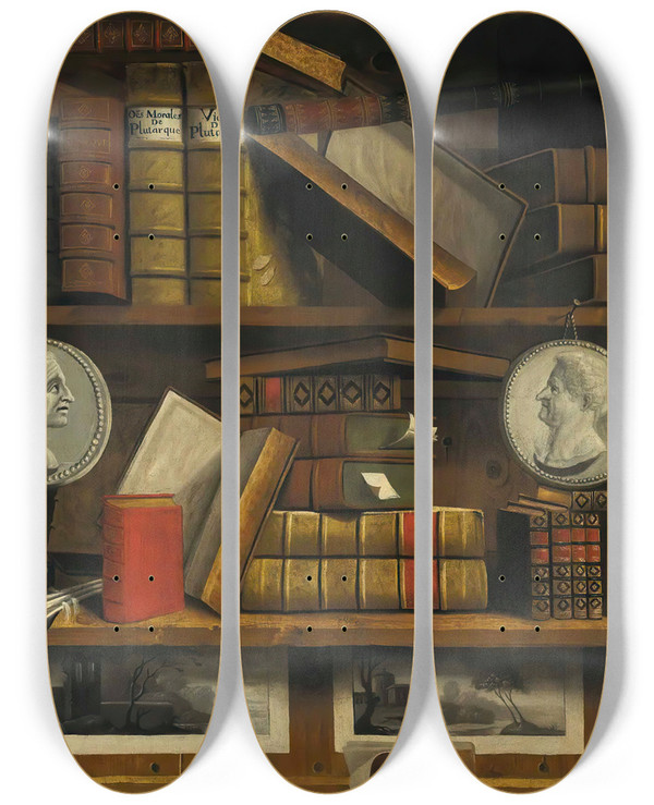 Triptych art skateboard deck of Charles Bouillon A Trompe Loeil Of A Collectors Study With Engravings Drawings Letters And Books by Charles Bouillon (1705-1707)