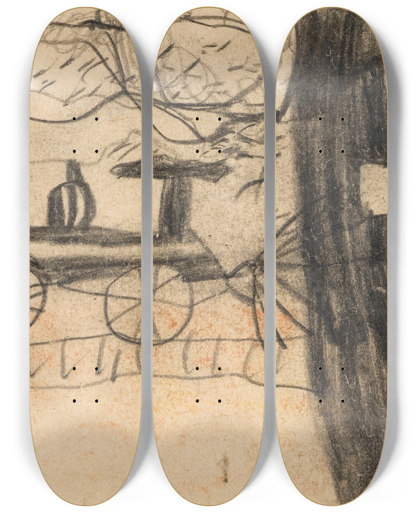 Triptych art skateboard deck of Egon Schiele Eisenbahn Kinderzeichnung by Egon Schiele (1890-1918)