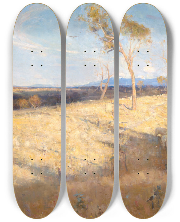 Triptych art skateboard deck of Arthur Streeton Golden Summer Eaglemont by Arthur Streeton (1867-1943)