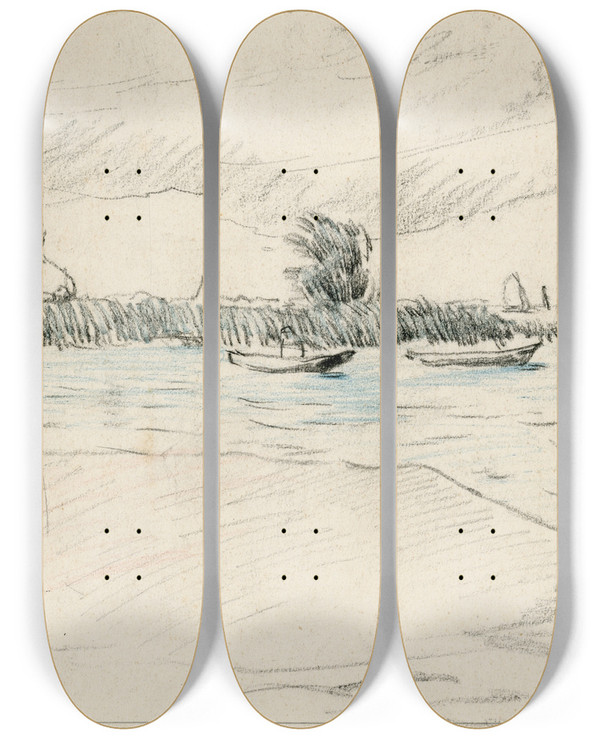 Triptych art skateboard deck of Adolf Le Comte Meer Met Enkele Roeibootjes by Adolf Le Comte (1850-1921)