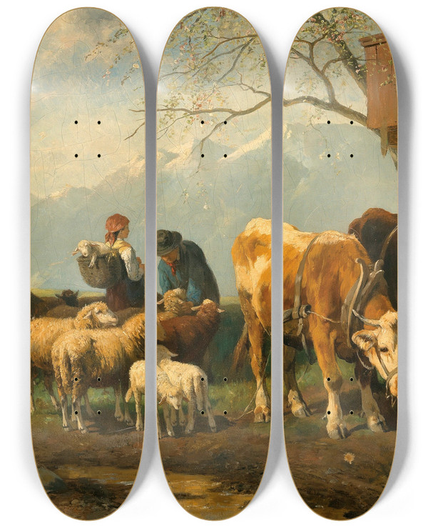 Triptych art skateboard deck of Christian Friedrich Mali A Shepherdess With Her Cattle On An Alpine Pasture by Christian Friedrich Mali (1832-1906)