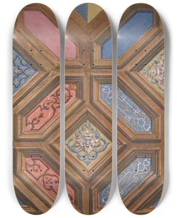 Triptych art skateboard deck of Julesedmondcharles Lachaise Alternate Designs For The Decoration Of A Coffered Ceiling by Jules-Edmond-Charles Lachaise (1897)