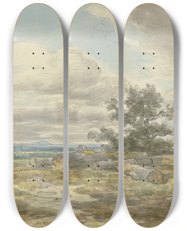 Triptych art skateboard deck of Anton Burger Aussicht Ber Eine Ebene Im Vordergrund Umherliegende Abgesgte Baumstmme by Anton Burger (1824-1905)