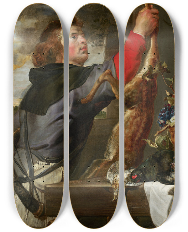 Triptych art skateboard deck of Frans Snyders Still Life With Huntsman by Frans Snyders (1579-1657)