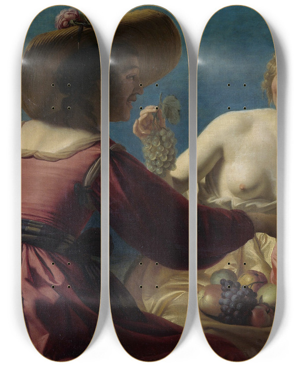 Triptych art skateboard deck of Gerard Van Honthorst Shepherd Playing The Fluteand Four Shepherdesses by Gerard Van Honthorst (1592-1656)