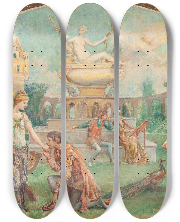 Triptych art skateboard deck of Will Hicock Low The Garden Of Diana by Will Hicock Low (1853-1932)