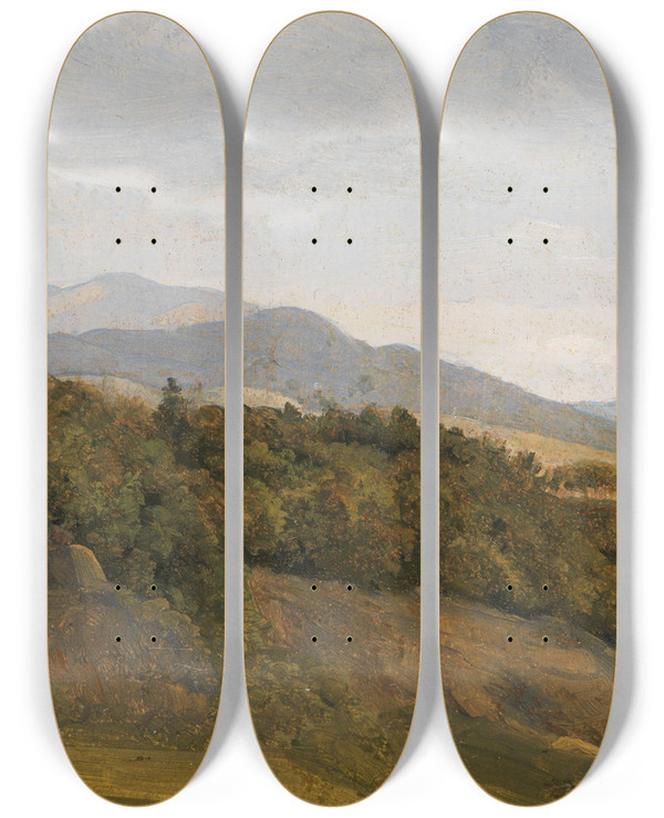 Triptych art skateboard deck of Fritz Petzholdt German Landscape With View Towards A Broad Valley by Fritz Petzholdt (1805-1838)