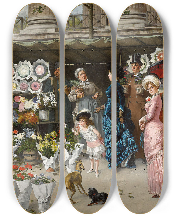 Triptych art skateboard deck of Wadysaw Bakaowicz A Flower Market At La Madeleine Paris by Wladyslaw Bakalowicz (1831-1904)