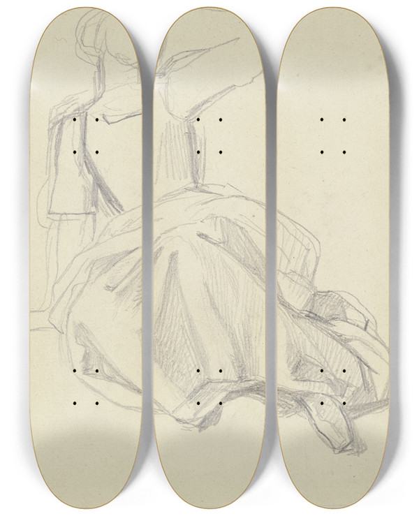 Triptych art skateboard deck of Jakob Becker Studienblatt Auf Der Erde Sitzende Frau_1 by Jakob Becker (1810-1872)