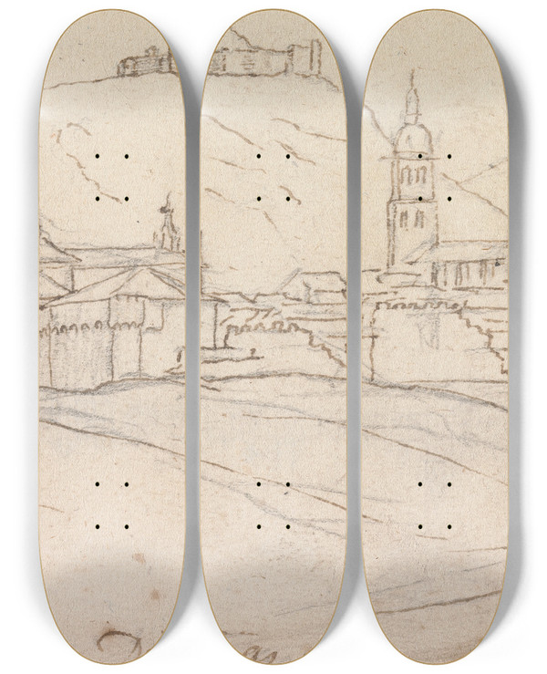 Triptych art skateboard deck of Henry Swinburne Dueas Spain by Henry Swinburne (1743-1803)