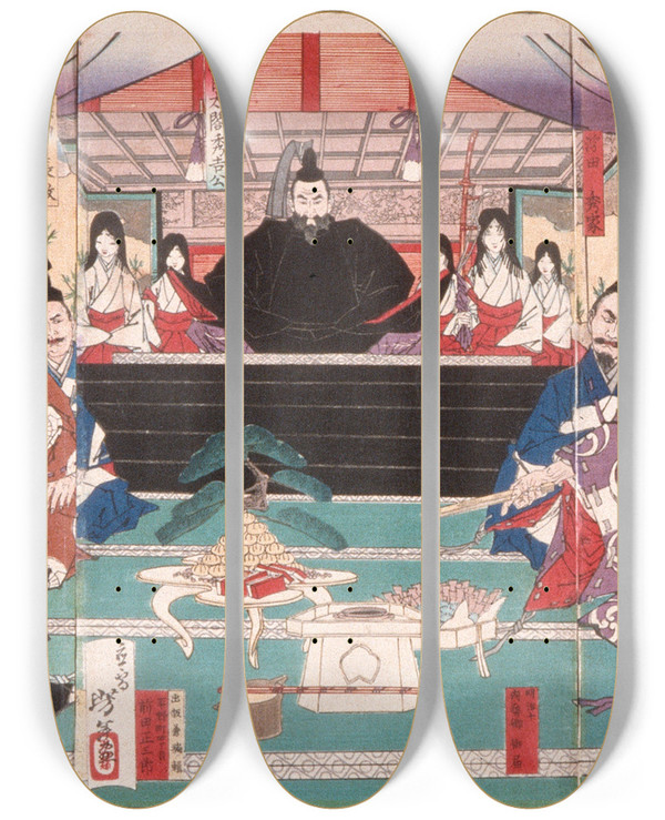 Triptych art skateboard deck of Tsukioka Yoshitoshi The Great Conference On The Conquest Of Korea by Tsukioka Yoshitoshi (1839-1892)