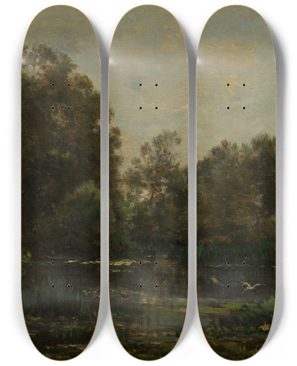 Triptych art skateboard deck of Charles Franois Daubigny A River Landscape With Storks by Charles Francois Daubigny (1817-1878)