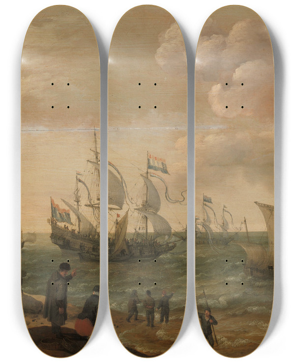 Triptych art skateboard deck of Adam Willaerts Ships Along The Shore by Adam Willaerts (1577-1664)