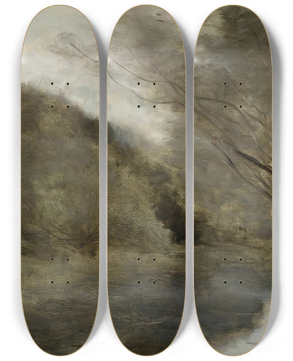 Triptych art skateboard deck of Jeanbaptistecamille Corot Prs Gisors Saulaie Et Rivire Effet Du Matin by Jean-Baptiste-Camille Corot (1796-1875)