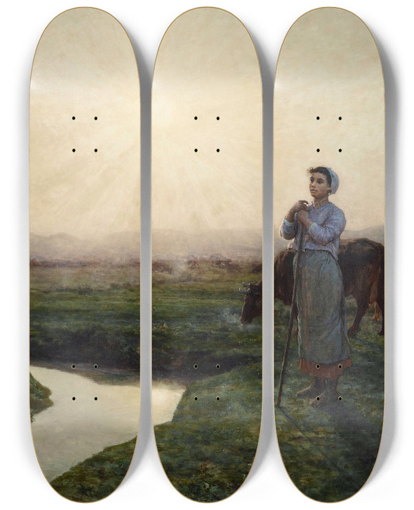 Triptych art skateboard deck of Jules Breton Le Matin by Jules Breton (1827-1906)