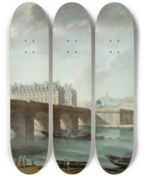Triptych art skateboard deck of Nicolas Jeanbaptiste Raguenet La Pompe De La Samaritaine Le Pontneuf Et Lle De La Cit Le Quai De Conti Vus Du Quai Du Louvre by Nicolas Jean-Baptiste Raguenet (1715-1793)