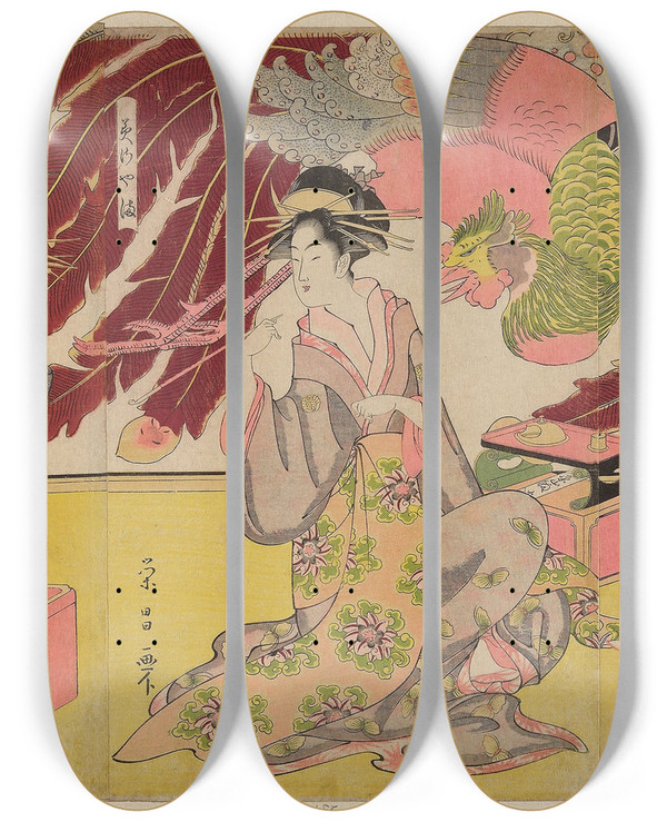 Triptych art skateboard deck of Chokosai Eisho The Courtesans Of The Chojiya On Display In The Daytime Chojiya Hirumise by Chokosai Eisho (1792-1799)