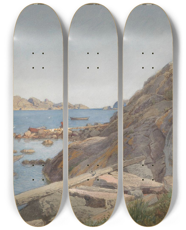 Triptych art skateboard deck of Hans Gude Landscape By Stavern by Hans Gude (1825-1903)