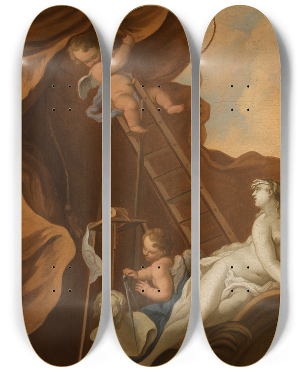Triptych art skateboard deck of After Jacques De Lajoue An Allegory Of Sculpture by After Jacques De Lajoue (1687-1761)