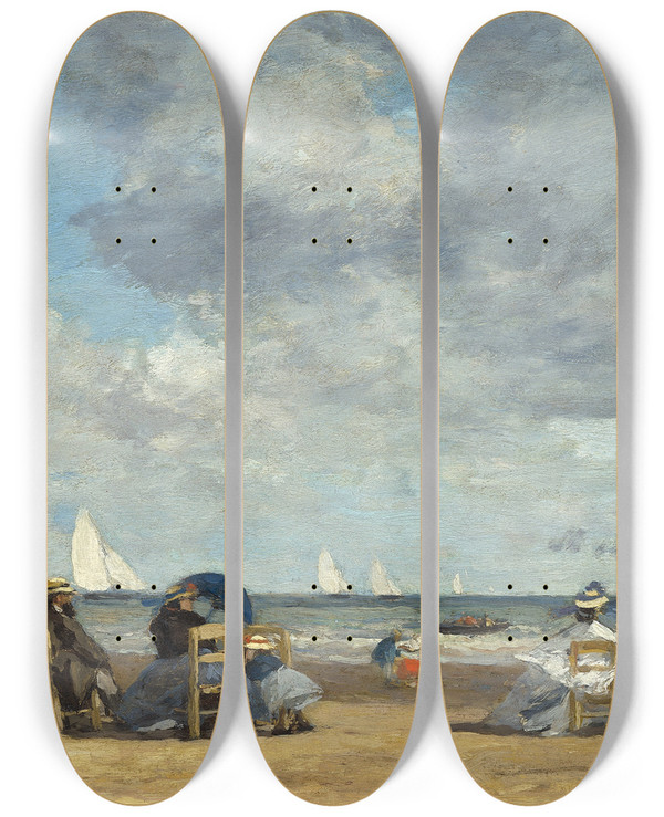 Triptych art skateboard deck of Eugne Boudin Beach At Trouville by Eugene Boudin (1824-1898)